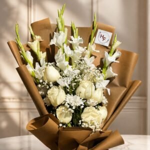 Ivory Gladiolus & White Rose Bouquet